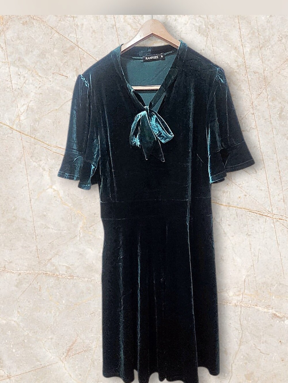 Ranphee Deep Green Velvet Tie-Neck Midi Dress